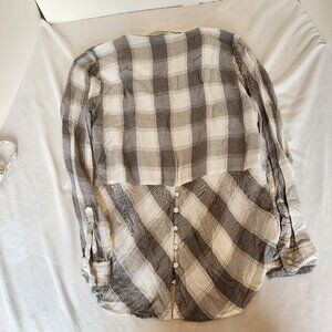 Lucky Brand Gray White Plaid Button Up Split Back Long Sleeve Shirt Sz L EUC